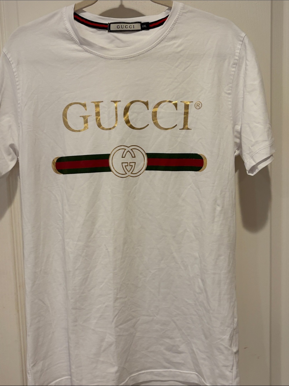 Gucci White Tee with Gold Logo and Green-Red Web Stripe